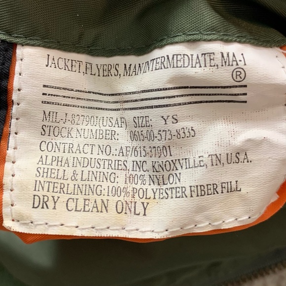Boy's ALPHA INDUSTRIES Olive Green MA-1 Military AIR FORCE Flight JACKET S - Picture 6 of 9